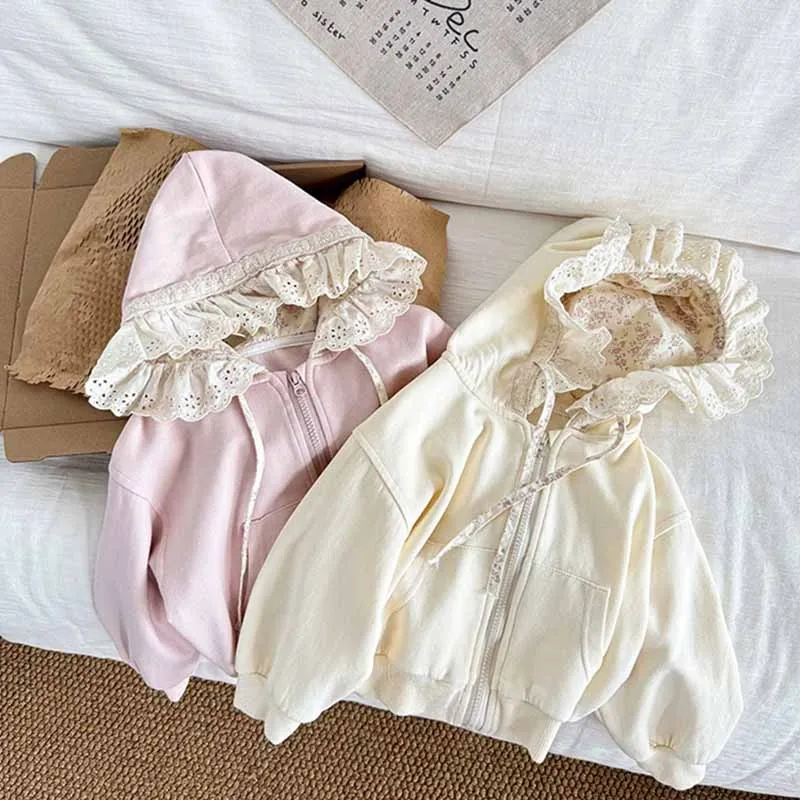 Chaqueta de encaje con cremallera y capucha para niñas primavera