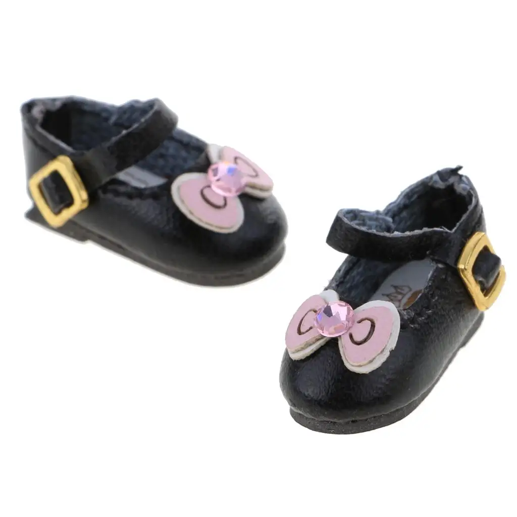 Zapatos negros con correa y lazo para muñecas Blythe articuladas