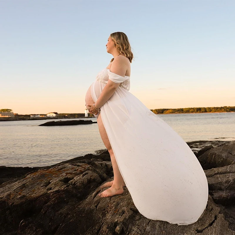 Vestido maternidad encaje largo elegante hombros descubiertos - imagen 3