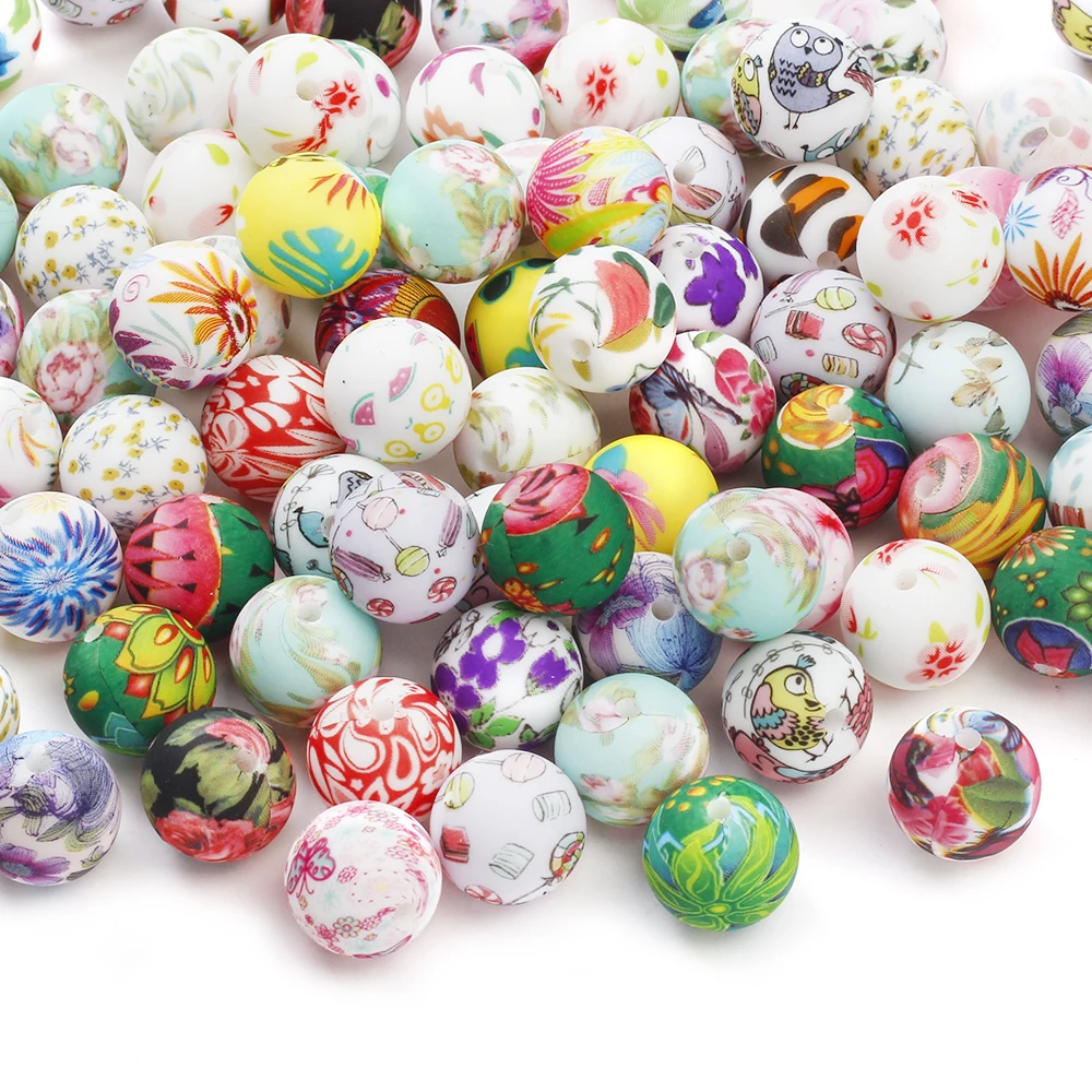 Cuentas redondas de silicone con flores para mordedores 15 mm