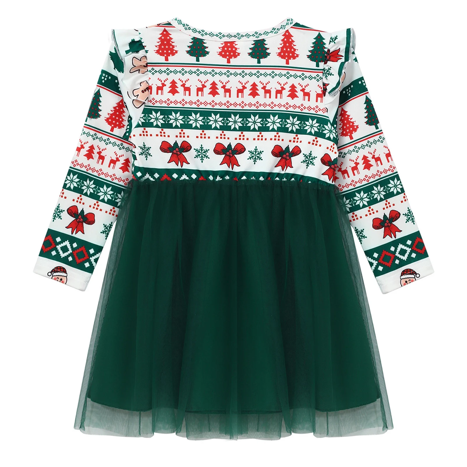 Vestido de niña de Navidad de manga larga con lazo estampado - imagen 2