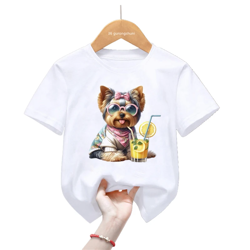 Camiseta infantil estampado animal Kawaii Harajuku - acuarela Yorkie
