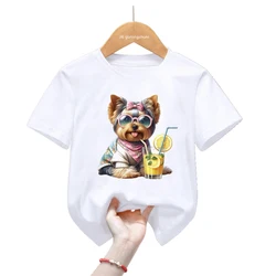 Camiseta infantil estampado animal Kawaii Harajuku - acuarela Yorkie