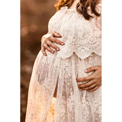 Vestido de embarazo maxi de tul transparente bordado fuera del hombro