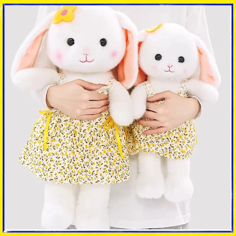 Peluche de conejo blanco orejas largas con vestido floral y flor - imagen 4