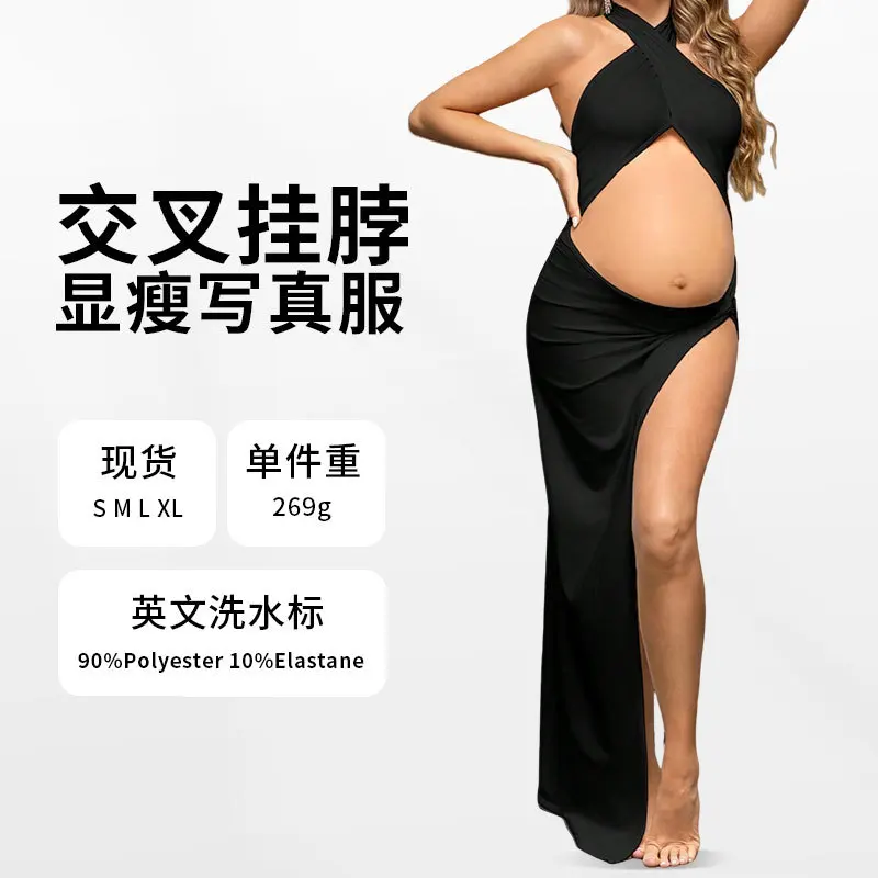 Vestido premamá fino liso con cuello cruzado y corte ajustado - imagen 4
