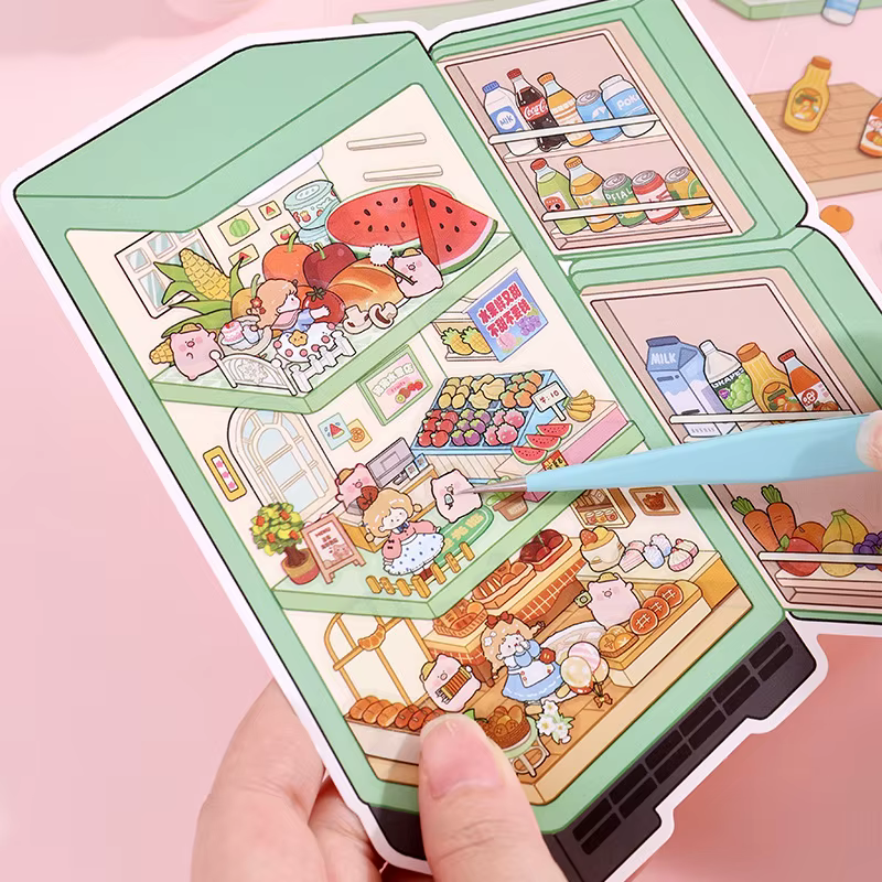 Pegatinas 3D kawaii de verano con paisaje de cabaña para frigorífico