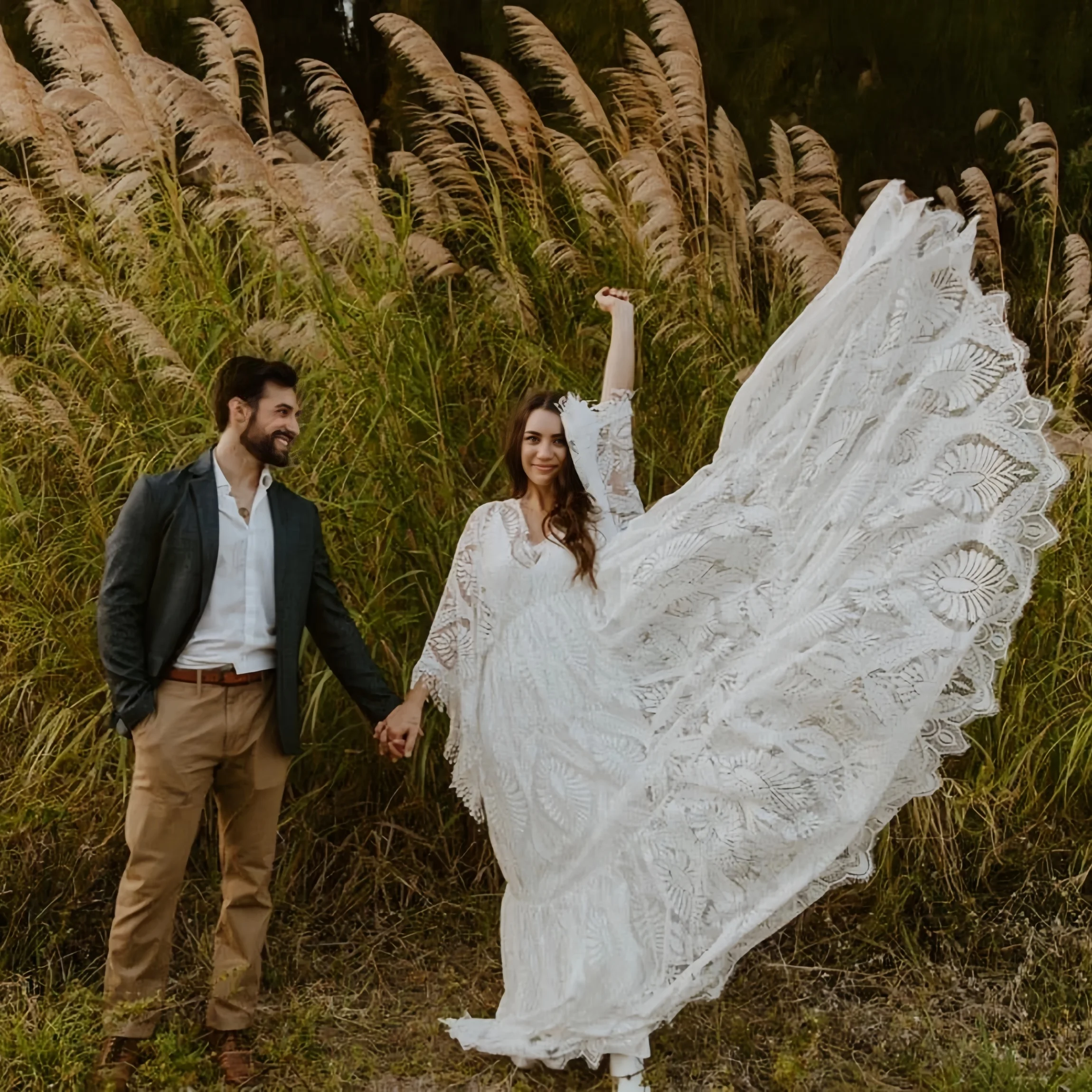 Vestido largo de encaje boho con cuello en V para sesión maternidad