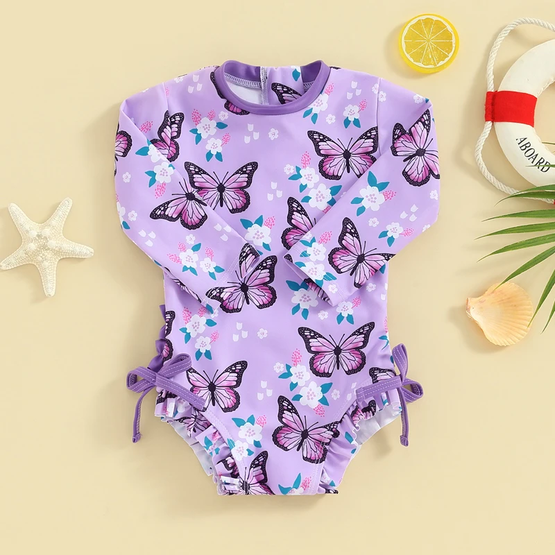 Bikini de niña manga larga con estampado floral y mariposas