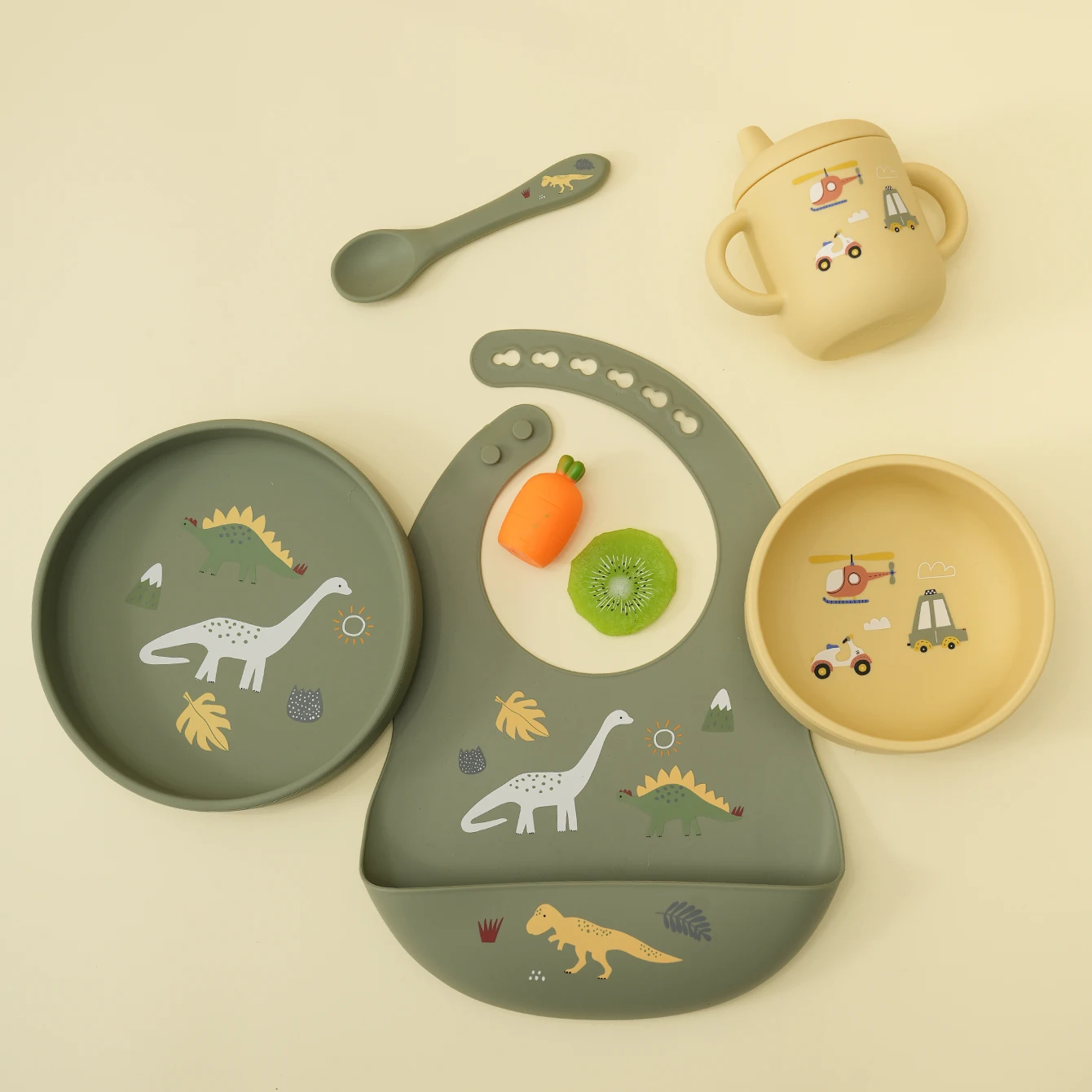 Set de alimentación bebé silicone 5 piezas – Plato, cuenco, babero y vaso antitacas