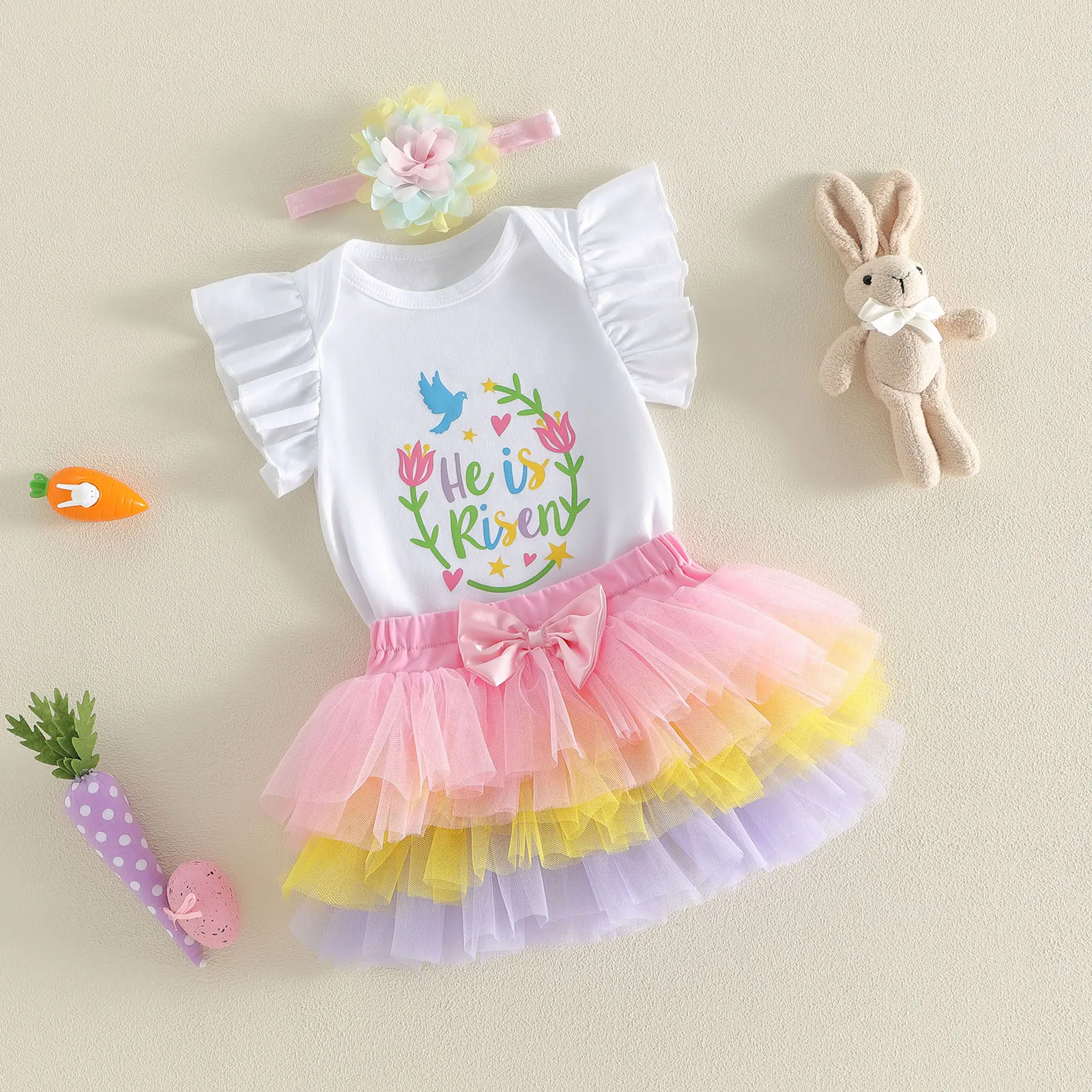 Conjunto Primera Comunión bebé niña mono volante con tul y diadema - imagen 5