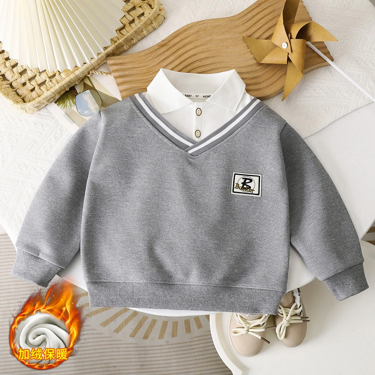 Camiseta polo niño terciopelo cálido manga larga invierno suave