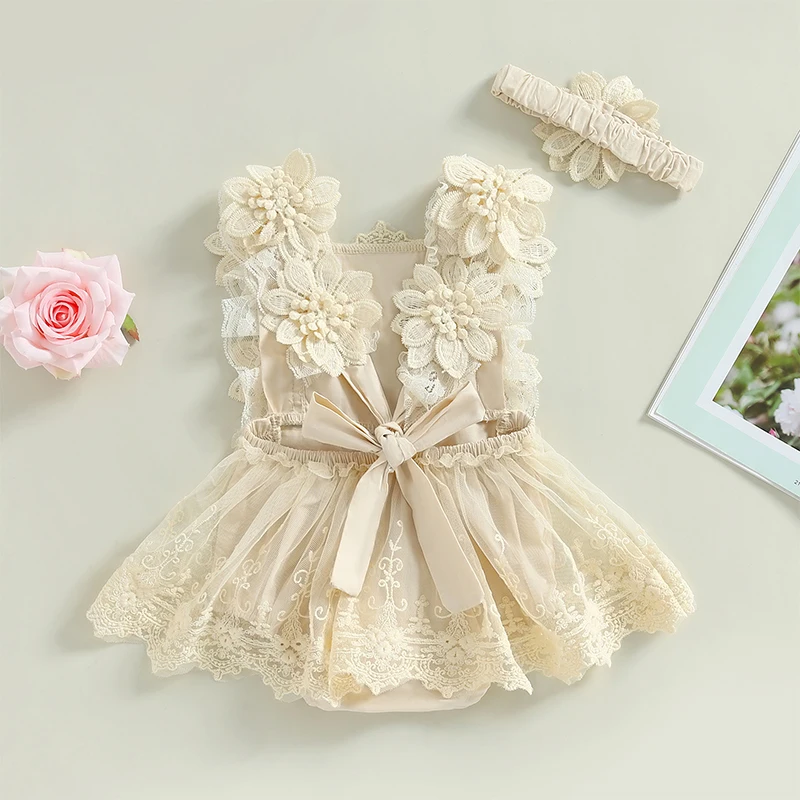 VISgogo Vestido mameluco floral niña – Encaje y diadema - imagen 2