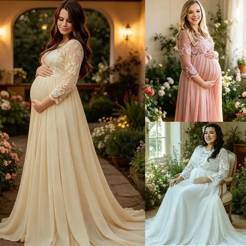 XXFE vestido de maternidad con tren para fiesta, manga media cómodo - imagen 2