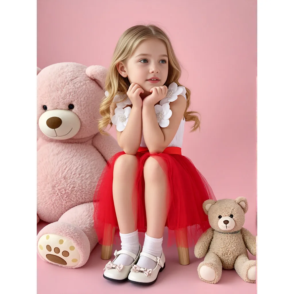 Vestido princesa rojo de flores para niña de manga corta verano - imagen 4