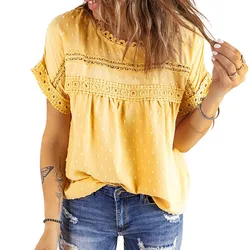 Blusa verano de gasa con encaje y cuello redondo