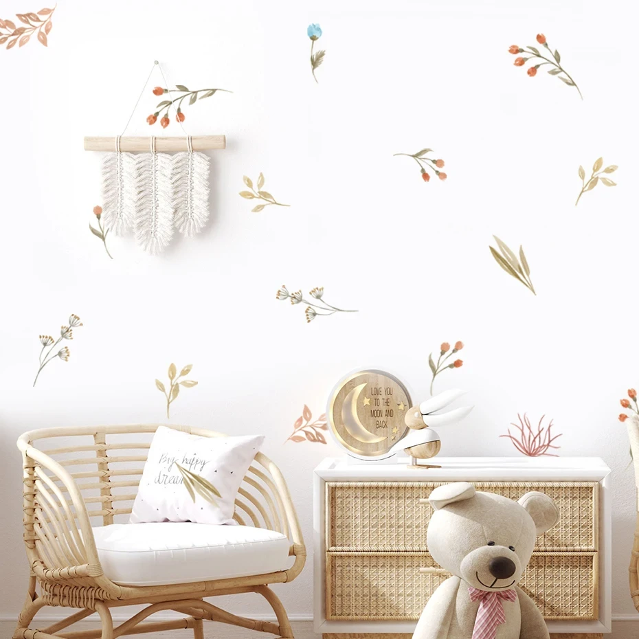 Pegatina de pared con diseño de campo de hierbas y flores bohemias