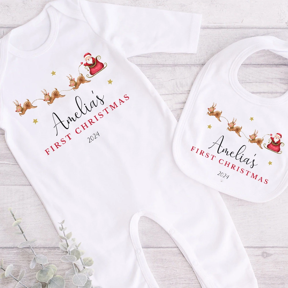 Mameluco navideño personalizado para bebé y baberos – Primera Navidad