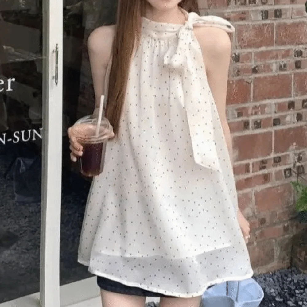 Camisa retro con lazo y lunares suaves, top halter francés - imagen 4