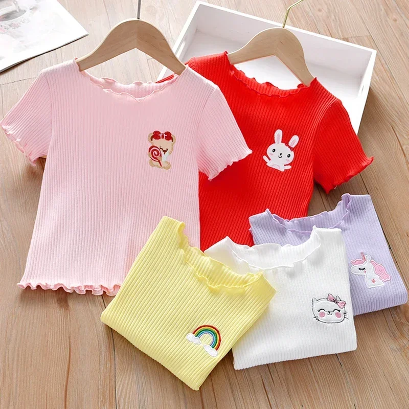 Camiseta manga corta bordada para niñas con volante suave verano - imagen 5