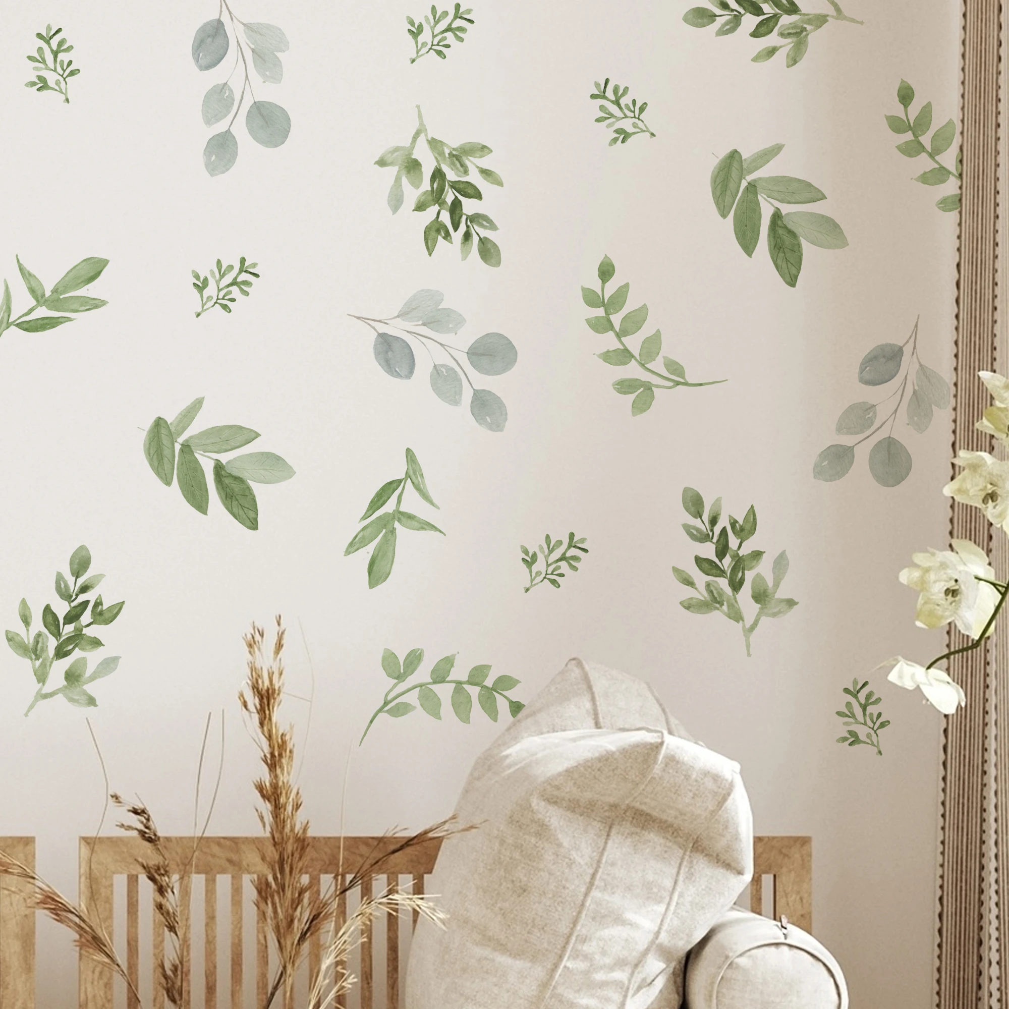 Vinilo pared infantil hojas y ramas en acuarela verde - imagen 4