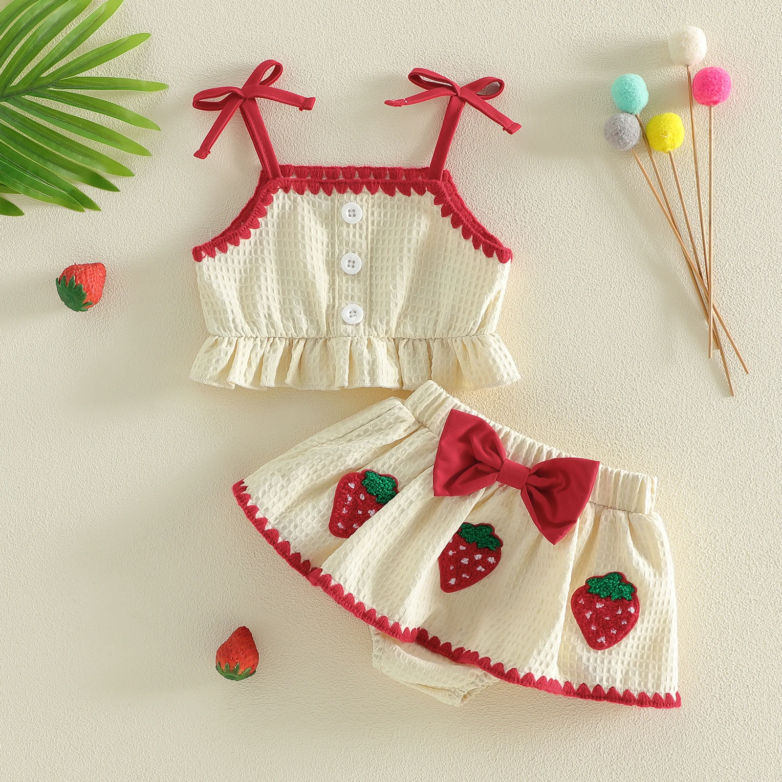 Conjunto bebé niña verano volantes falda-pantalón fresa - imagen 3