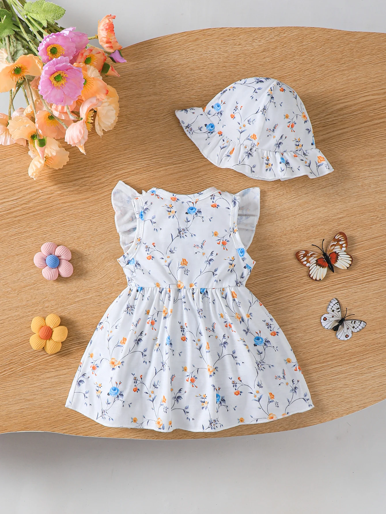 Vestido de niña recién nacida floral con lazo y sombrero de verano - imagen 3