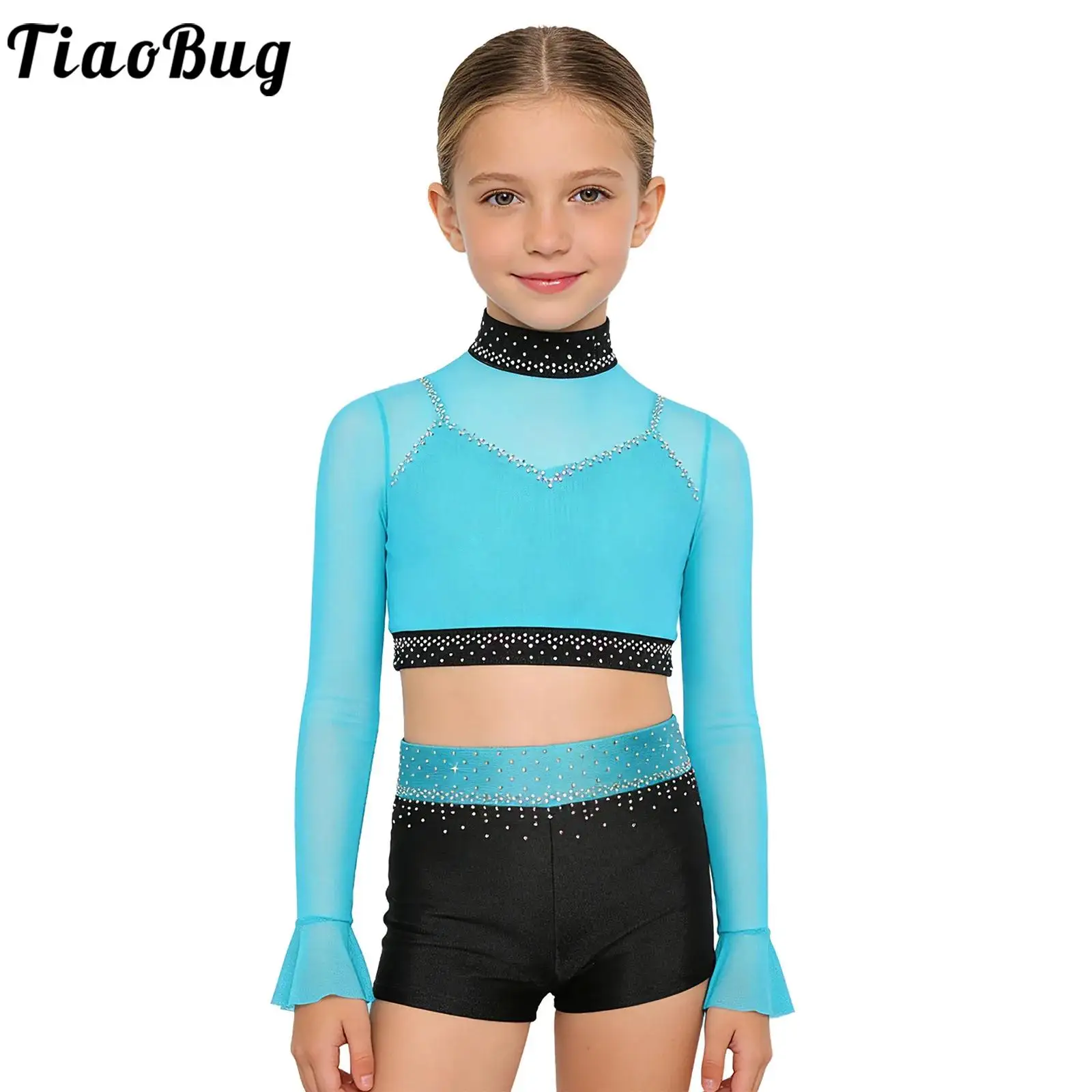 Traje de ballet para niña con pedrería brillante y top de malla - imagen 5