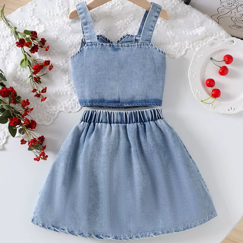 Ropa de verano vaquero cereza para bebé – Top azul falda - imagen 5