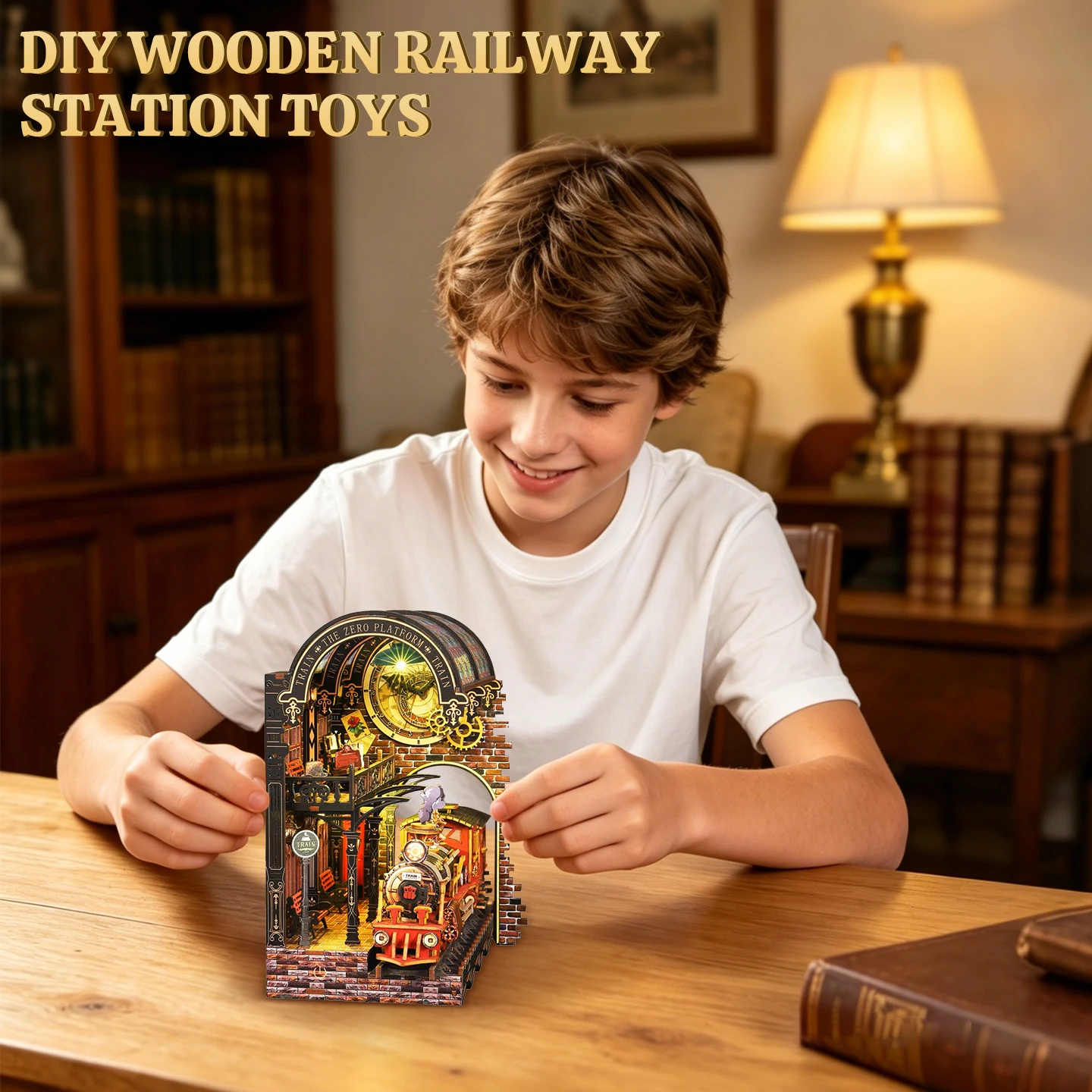 Maqueta de tren 3D DIY con casa en miniatura y soporte libros - imagen 5