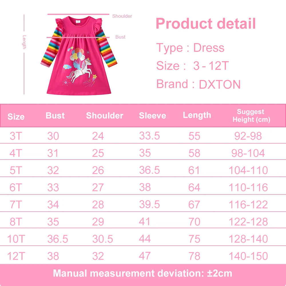 Vestido acampanado infantil con rayas arcoíris y licorne