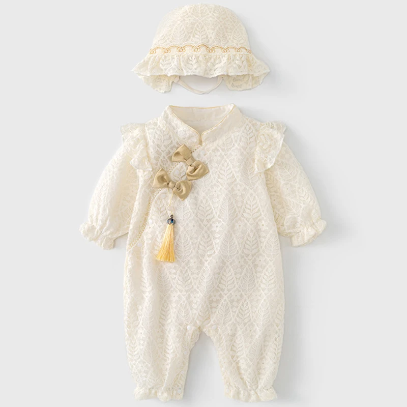 Conjunto recién née para niña – Pelele con sombrero y lazo de encaje - imagen 2