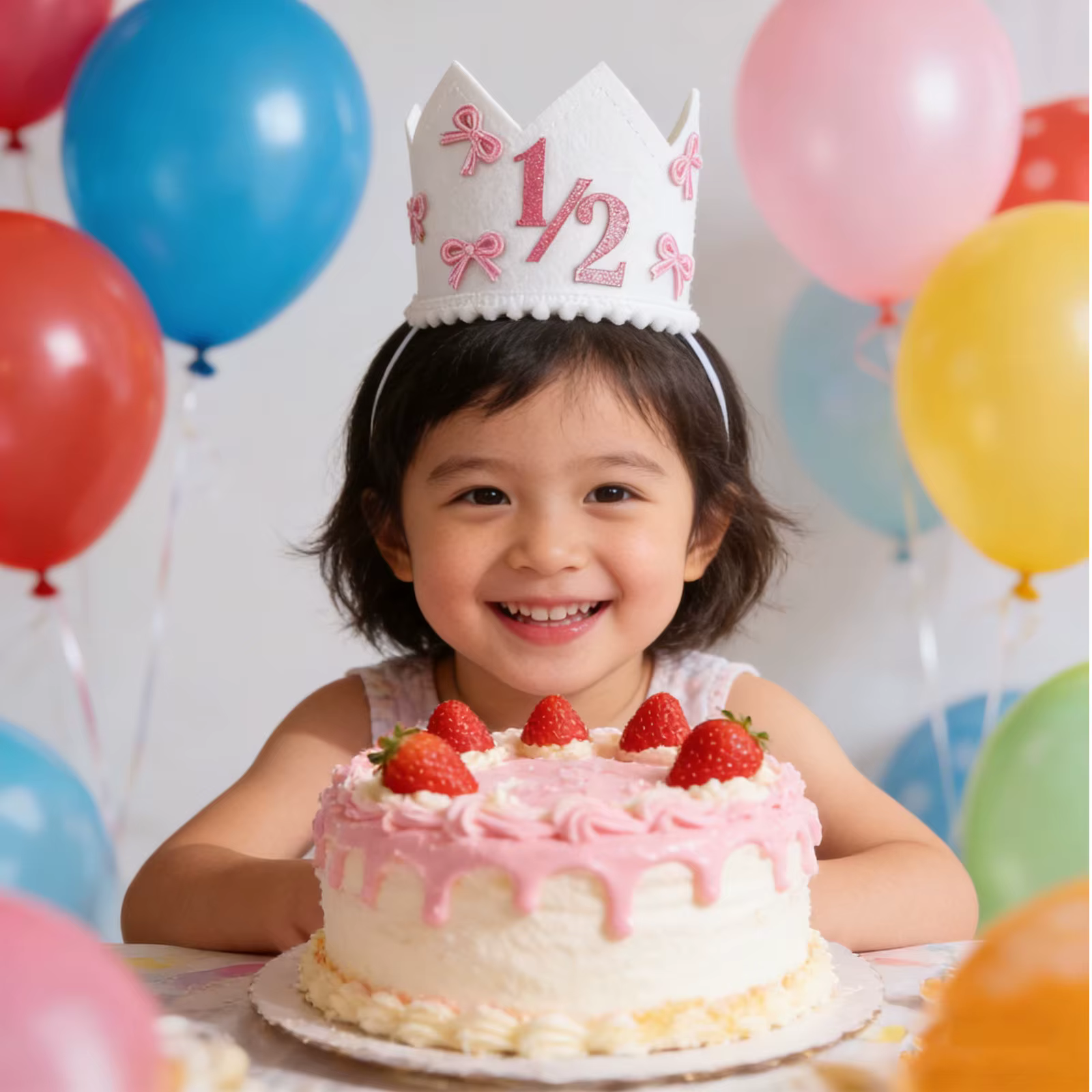 Corona de medio cumpleaños para bebé con lazo rosa y purpurina - imagen 5