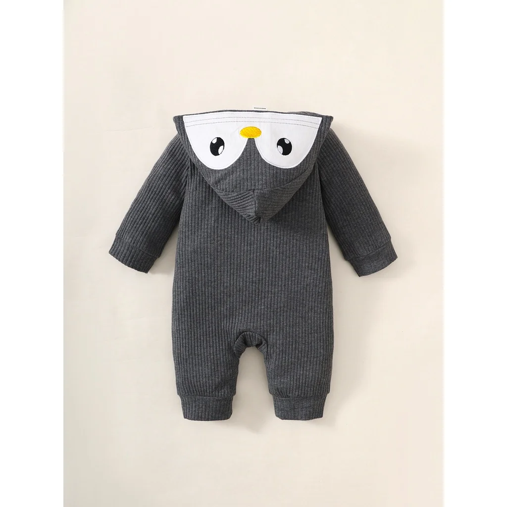 Pijama de bebé con capucha pingüino - mono blanco, mangas largas, gris