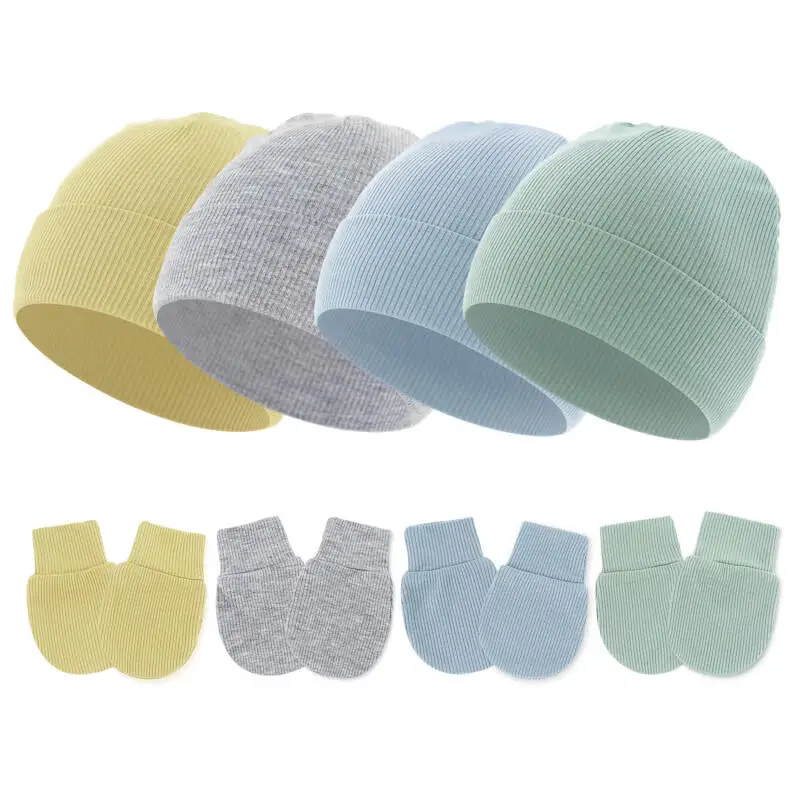 Set de gorros y guantes para bebe recien nacido – Color solido - imagen 3