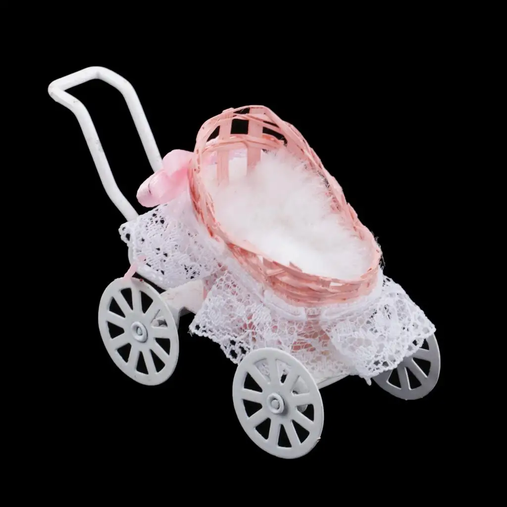Cochecito de muñecas miniatura de tela rosa para casa - imagen 3