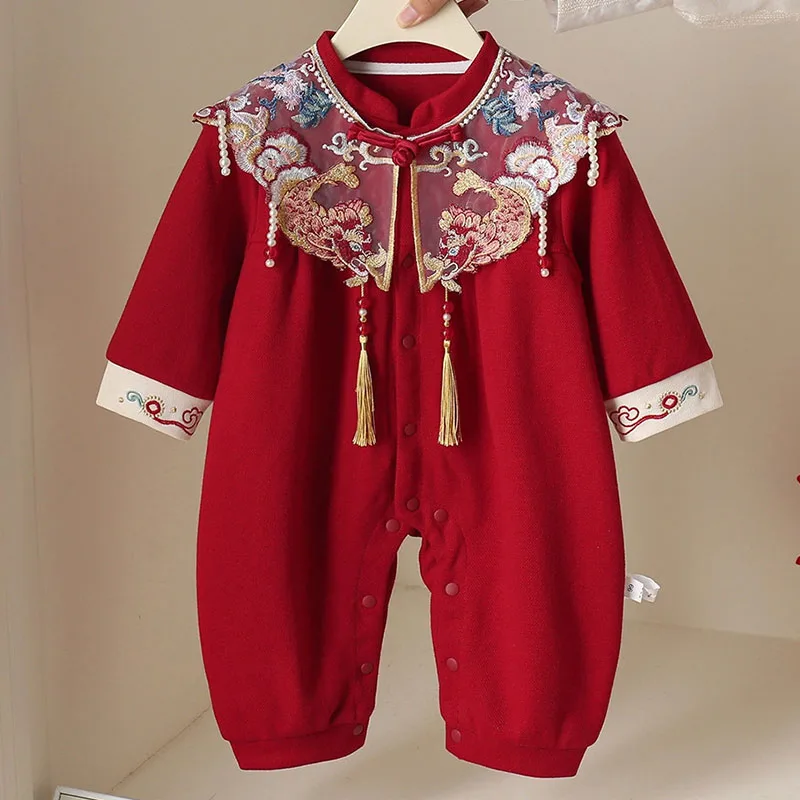 Monos bebé niña primavera y otoño con bordado rojo elegante chic
