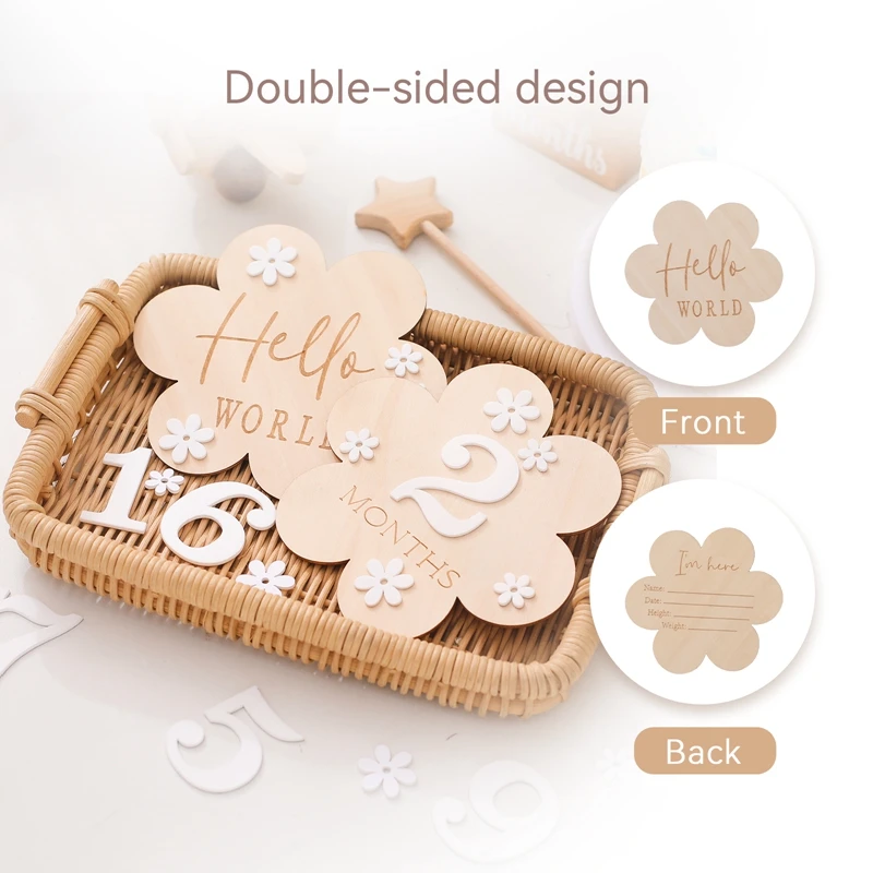Juego de tarjetas madera mes del bebé – Flor, regalo recién nacido - imagen 5