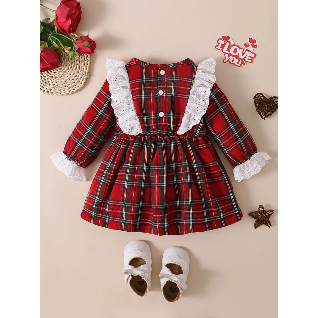 Vestido Navidad niña rojo con encaje y cuadros festivo - imagen 4