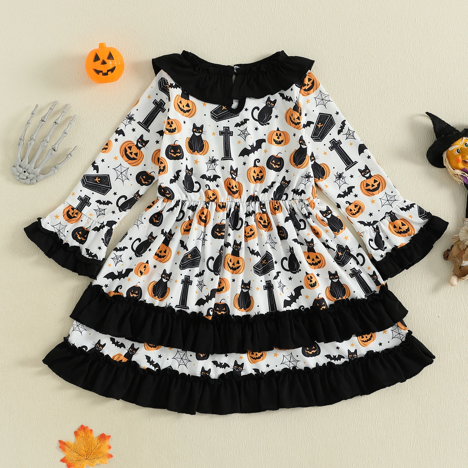 Tregren Vestido Halloween niña estampado gato calabaza volantes - imagen 4