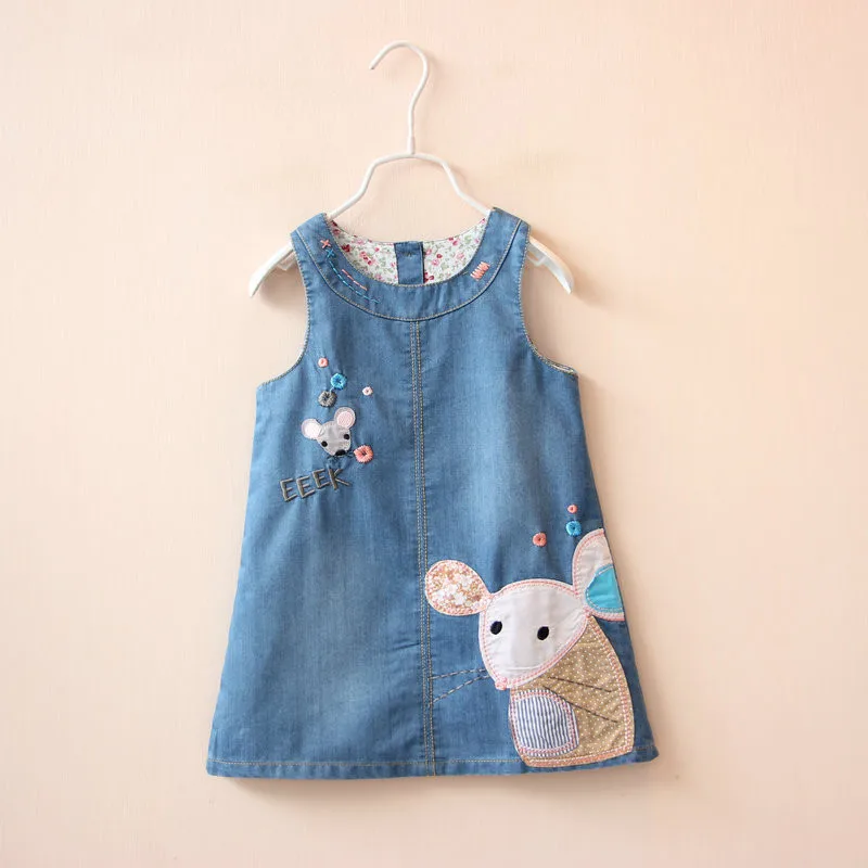 Vestido vaquero de verano con bordado de ratón para niñas 2-6 años