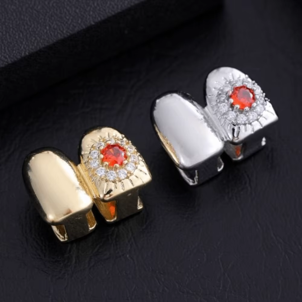 Grillz dentales removibles estilo hip hop dorado y plateado floral - imagen 5