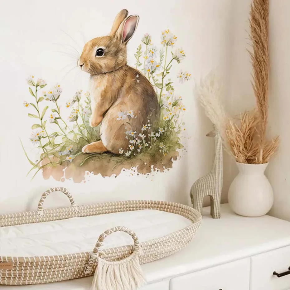 Pegatinas de pared con conejito y flores para habitación infantil