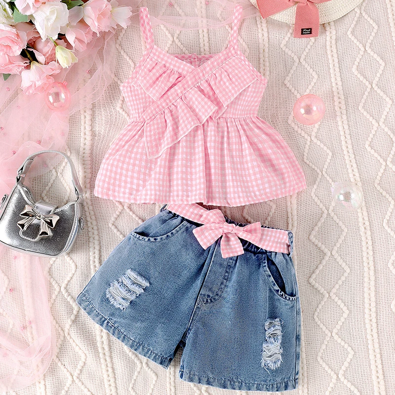 Conjunto de verano de cuadros: sin mangas y bermuda de mezclilla - imagen 5