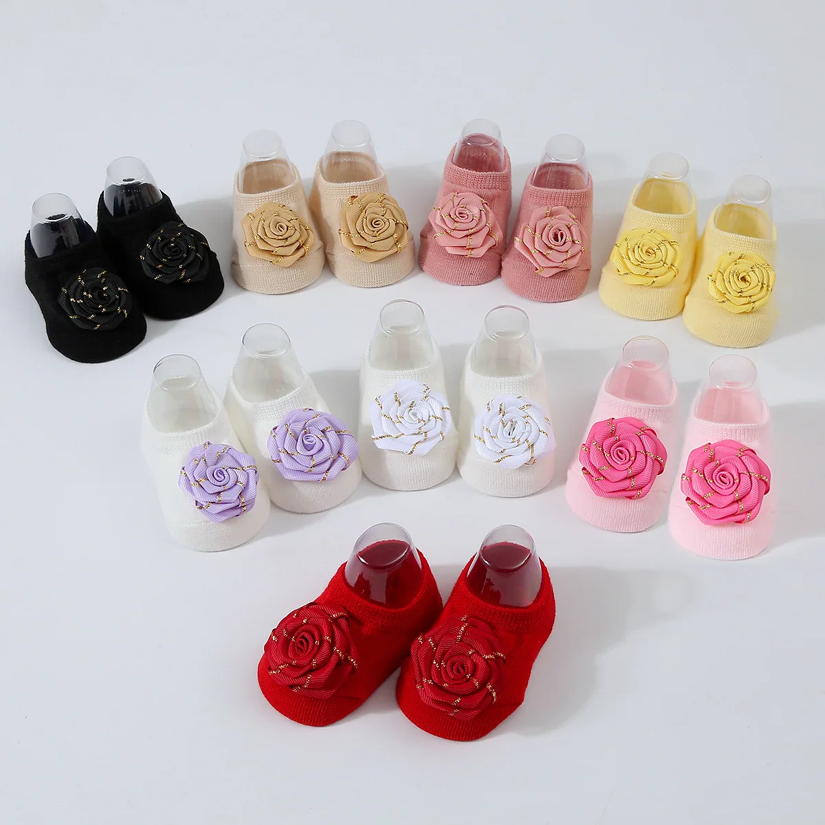 Calcetines antideslizantes para bebé – Algodón suave con flores acanaladas