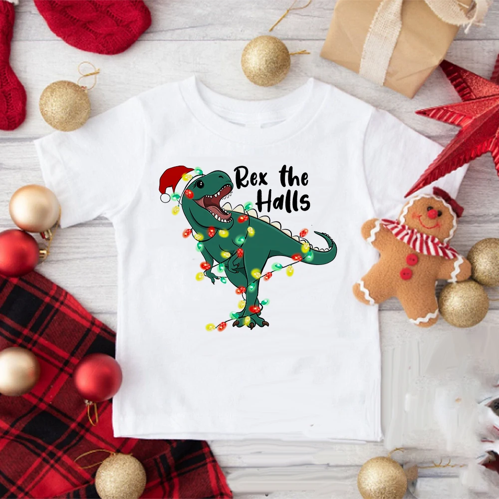 Camiseta infantil navideña de dinosaurios estilo dibujos manga corta - imagen 4