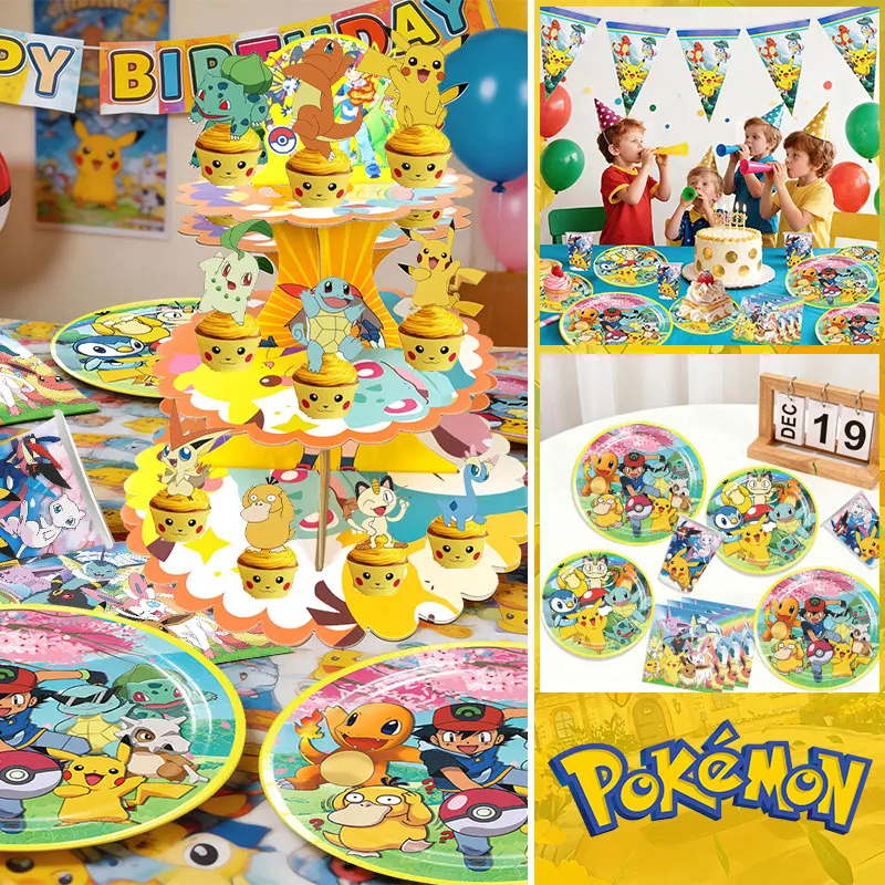 Decoración de cumpleaños Pokémon Pikachu: platos, vasos y globos