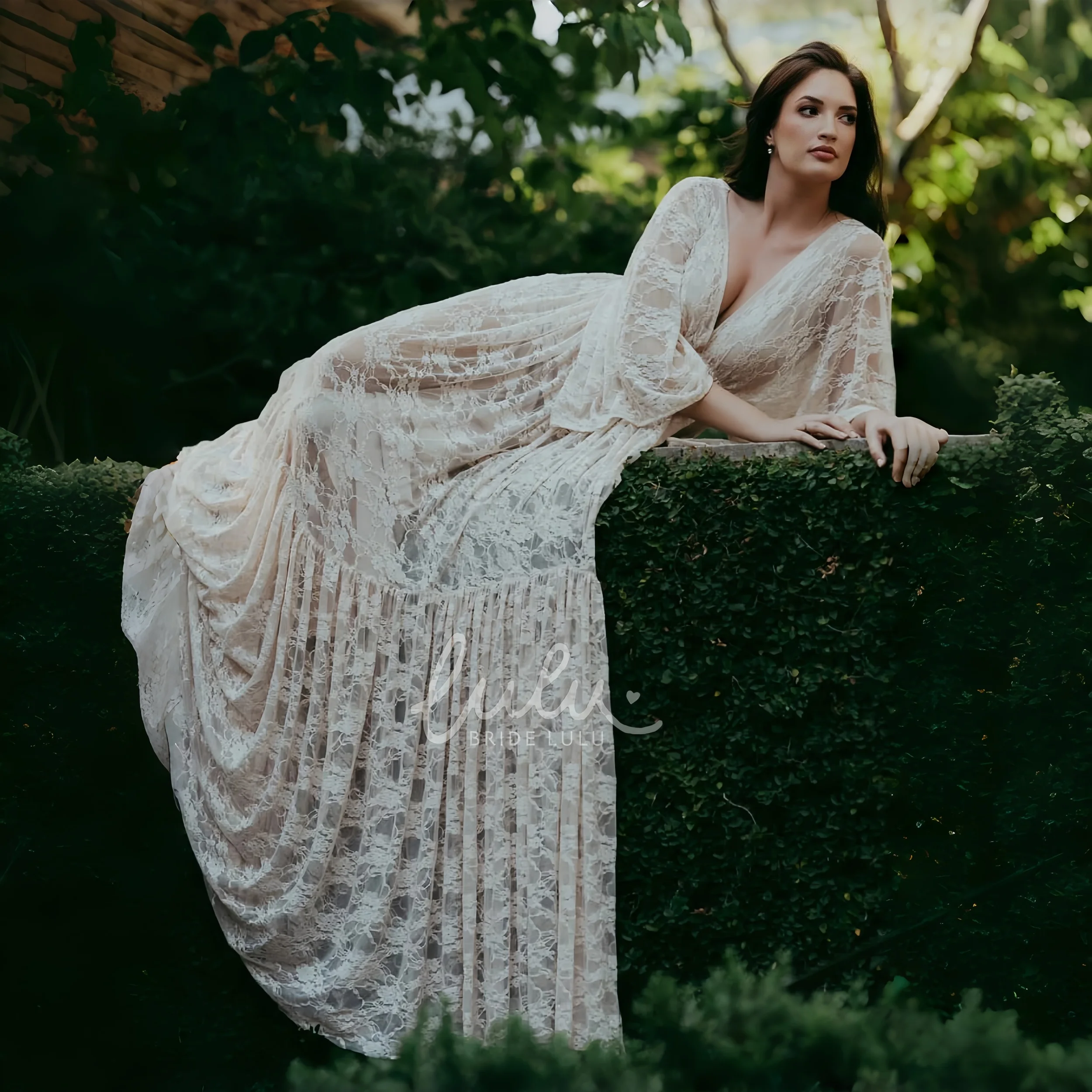 Vestido boho de maternidad con encaje y escote en V para fotos
