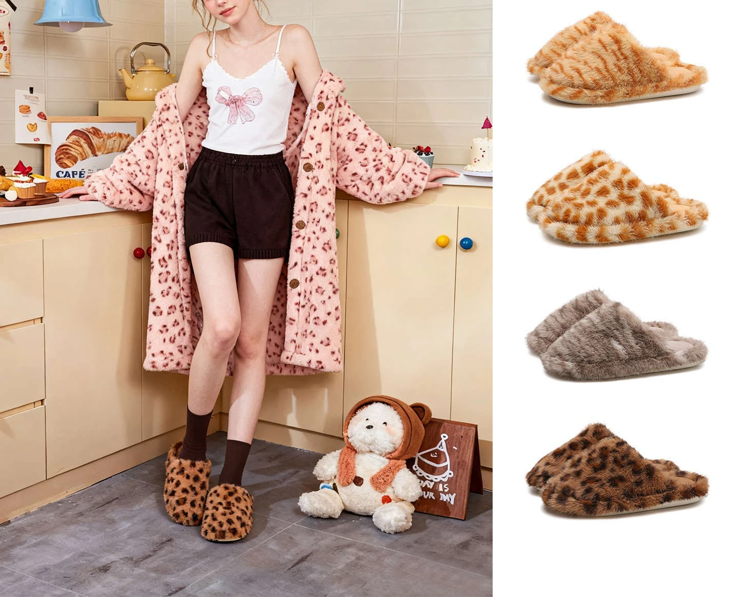 Pantuflas de interior con forro de pelo sintético y estampado leopardo
