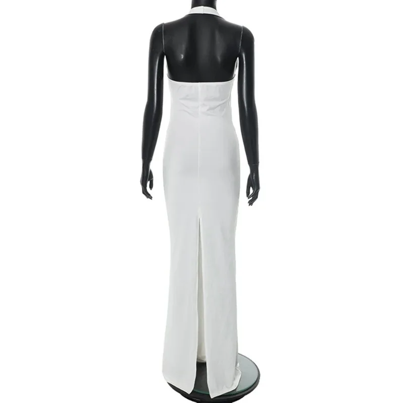 Vestido de maternidad blanco fruncido con cuello halter para fotos - imagen 4